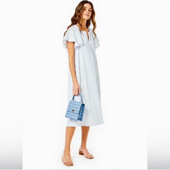 Addison Bay Womens Small Grace Dress Blue & White Midi Light & Flowy Pockets - Picture 1 of 9